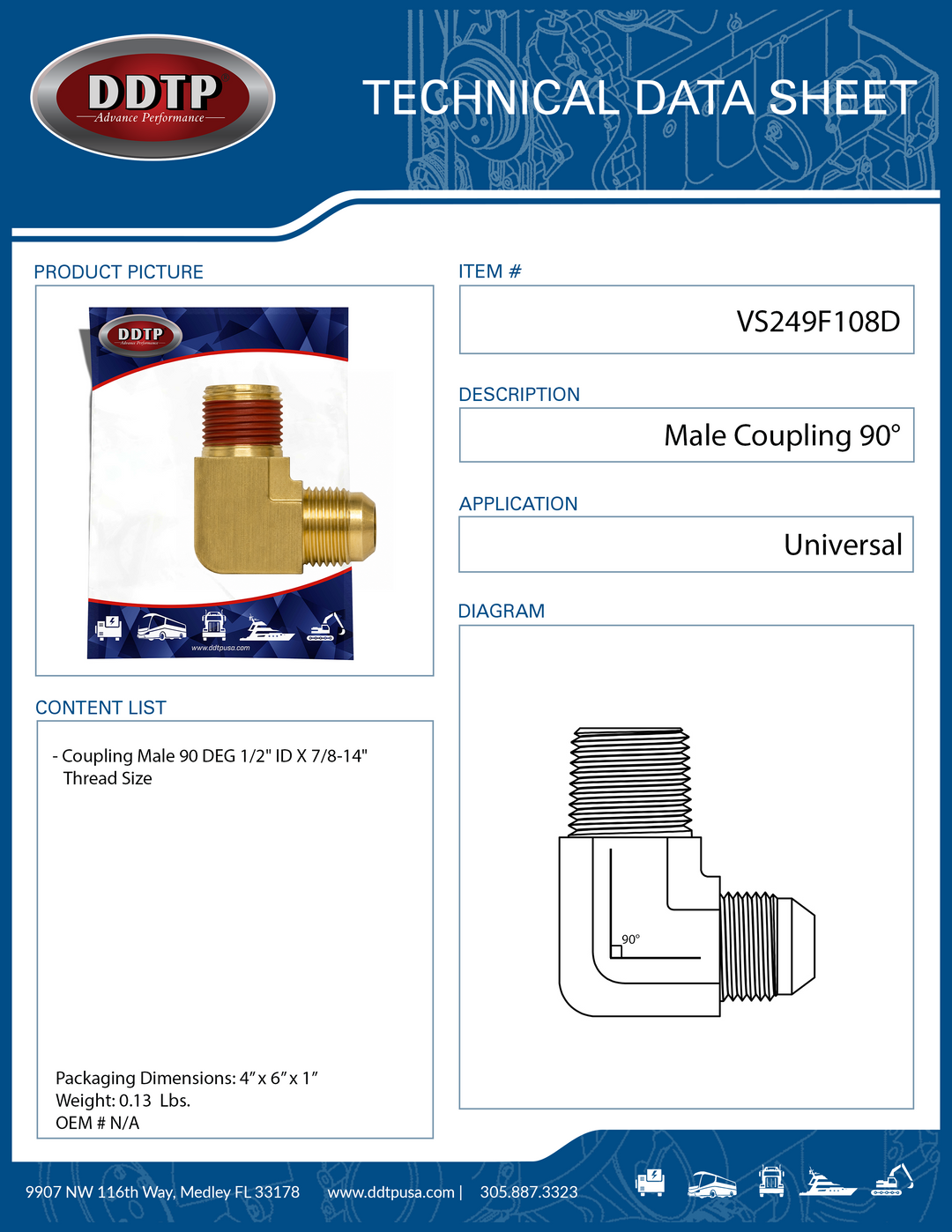 Coupling Male 90° 1/2" X 7/8-14" Thread Size