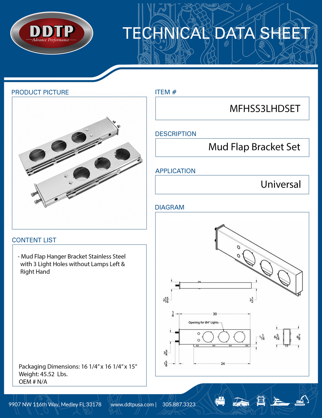 Stainless Steel Mud Flap Hanger Bracket with 3 Light Holes Left and Right Hand Set