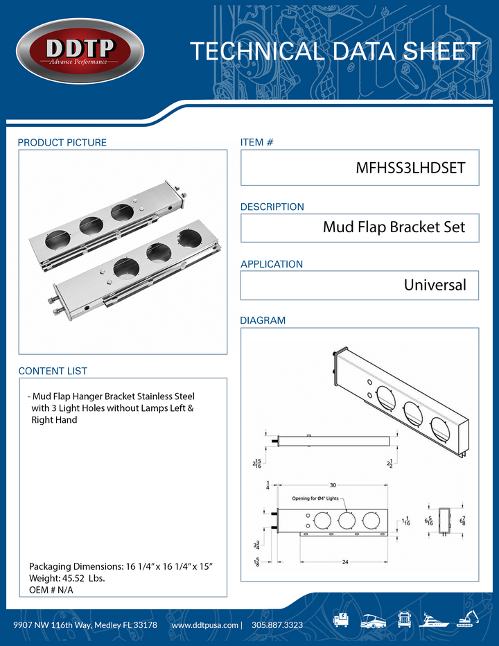 Stainless Steel Mud Flap Hanger Bracket with 3 Light Holes Left and Right Hand Set
