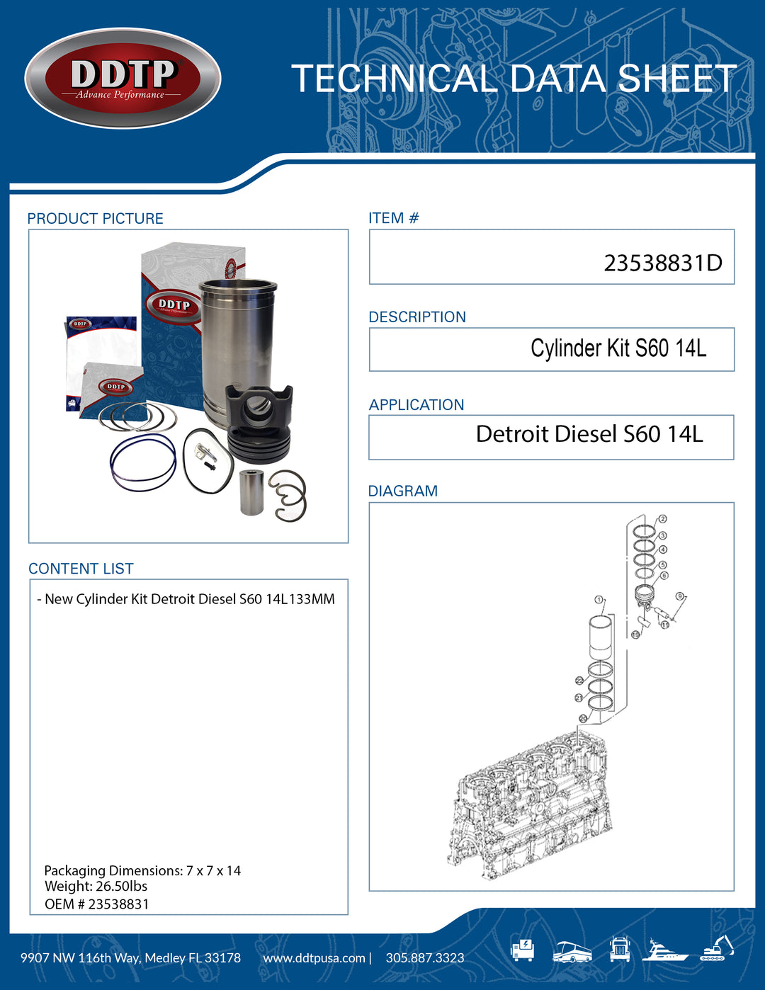 New Cylinder Kit Detroit Diesel S60 14L ( 23538831 )