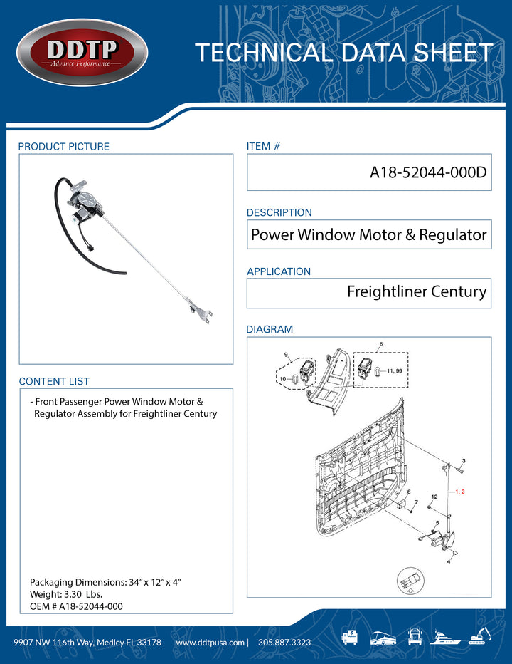 Window Regulator and Motor Asm Front Left (Freightliner Century)