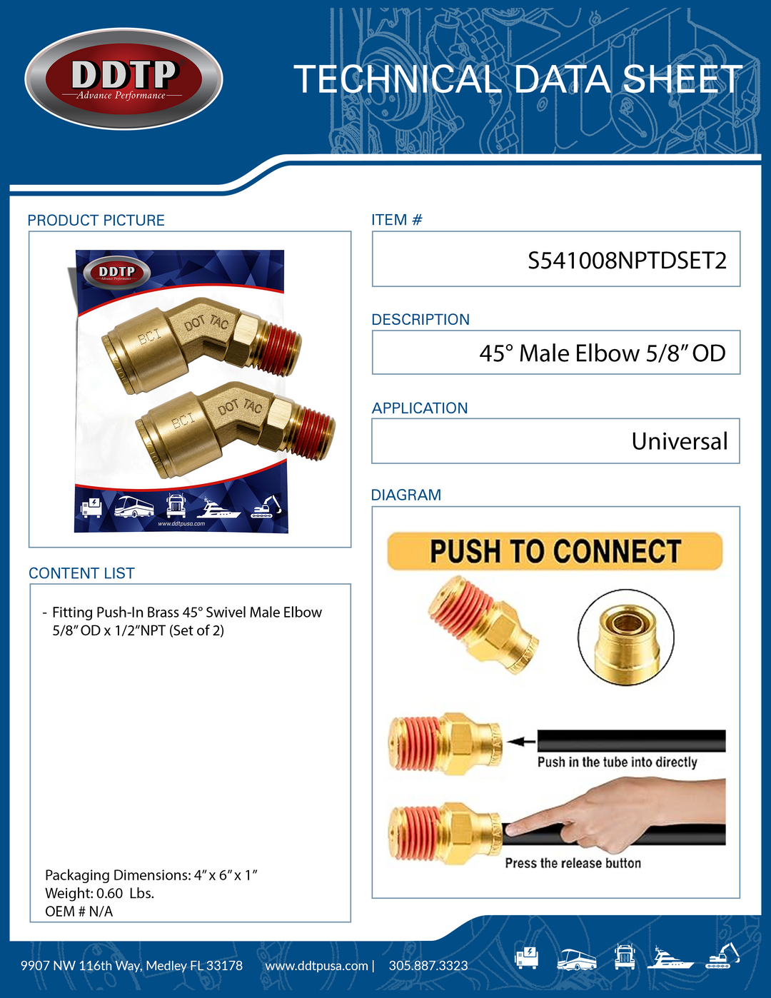 Fitting Push-In Brass 45° Swivel Male Elbow 5/8" x 1/2" (Set of 2)
