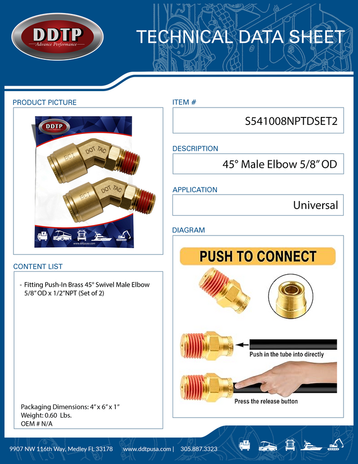 Fitting Push-In Brass 45° Swivel Male Elbow 5/8" x 1/2" (Set of 2)
