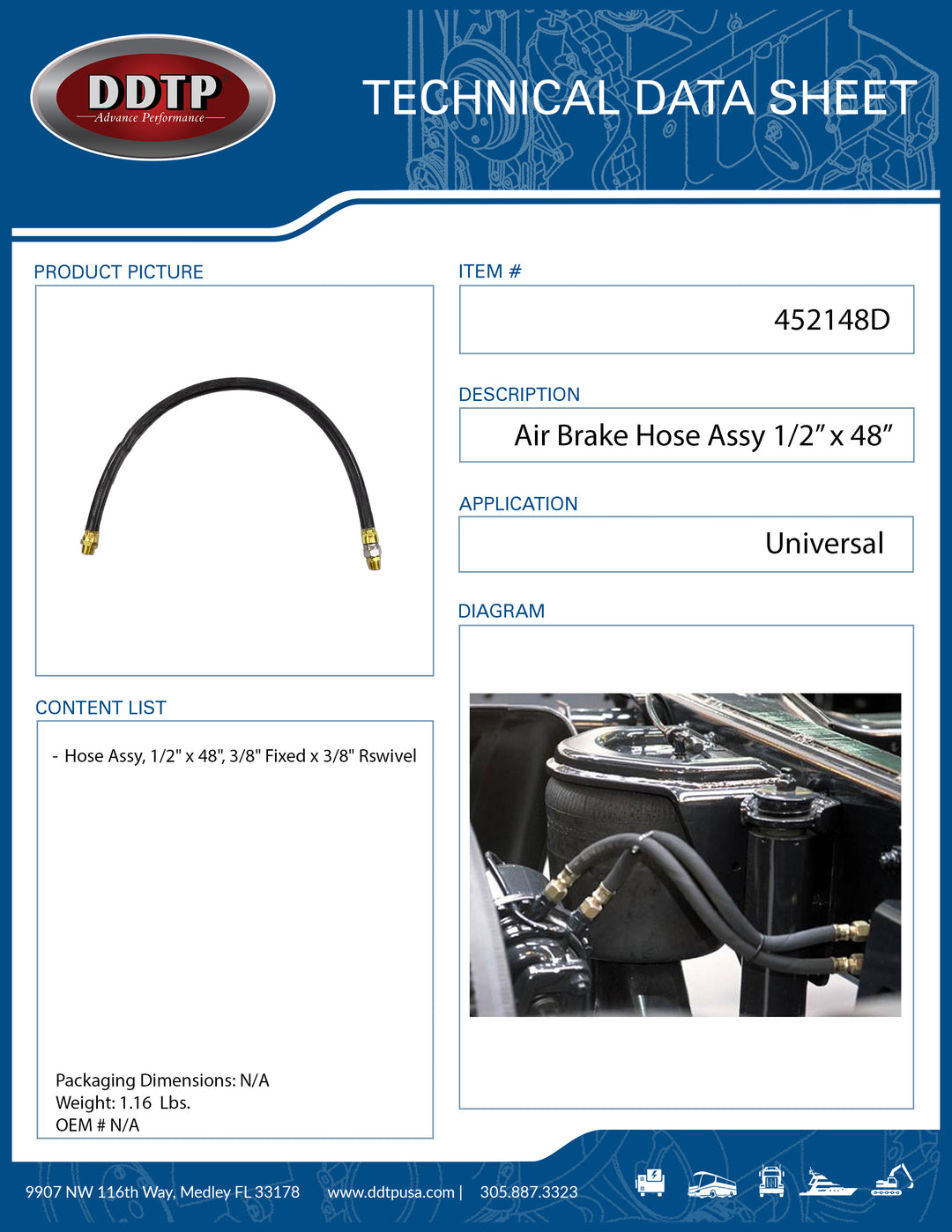 1/2" ID x 28" Air Brake Hose Assembly, 3/8" Male Fixed x 3/8" Male Rigid Swivel, Black (452128)