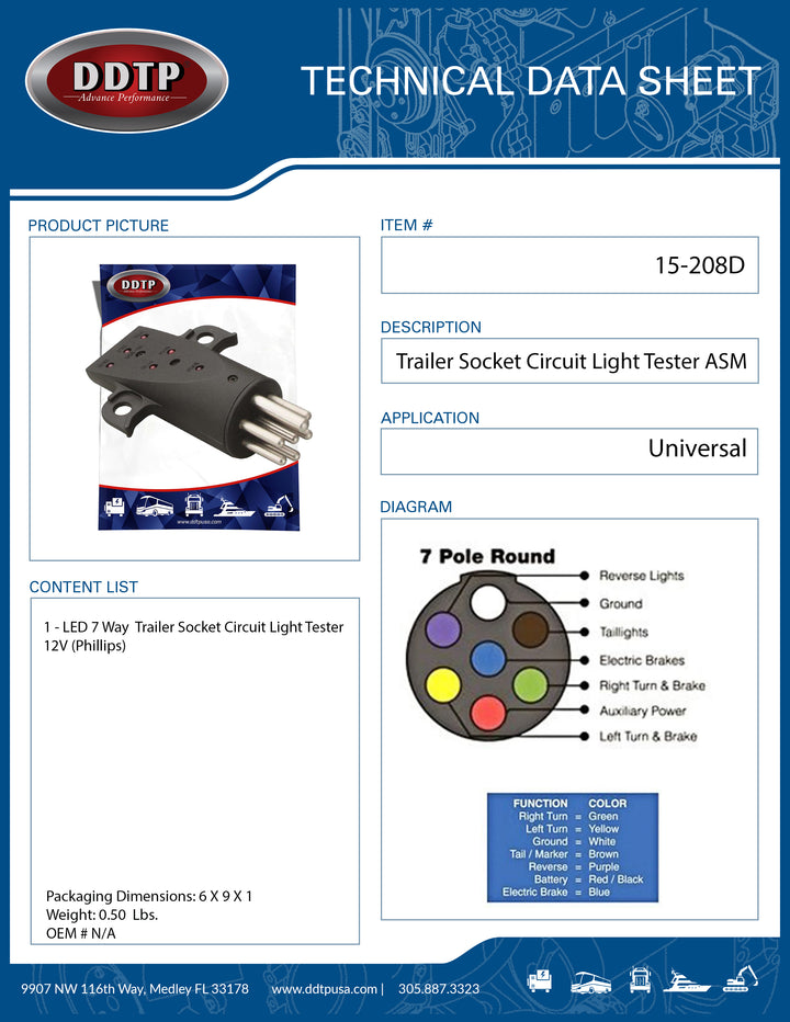 LED 7 Way Trailer Socket Circuit Light Tester 12V Phillips ( 15-208 )