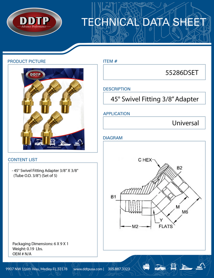 Brass 45° Swivel Fitting Adapter 3/8" x 3/8"(Tube O.D. 3/8") (Set of 5)