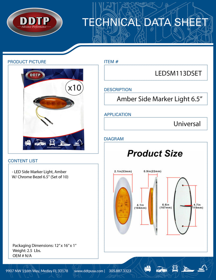Amber LED Side Marker Light W/ Chrome Bezel 6.5" (Set of 10)