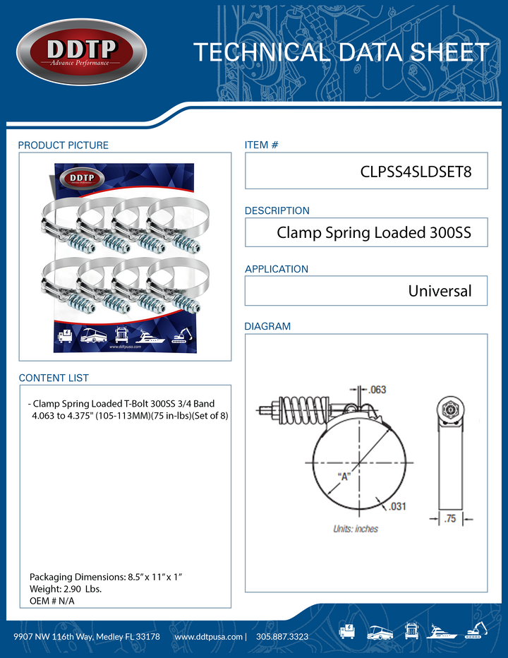 Clamp Spring Loaded T-Bolt 300SS 3/4 Band 4.063 to 4.375" (105-113MM)(75 in-lbs)(Set of 8)