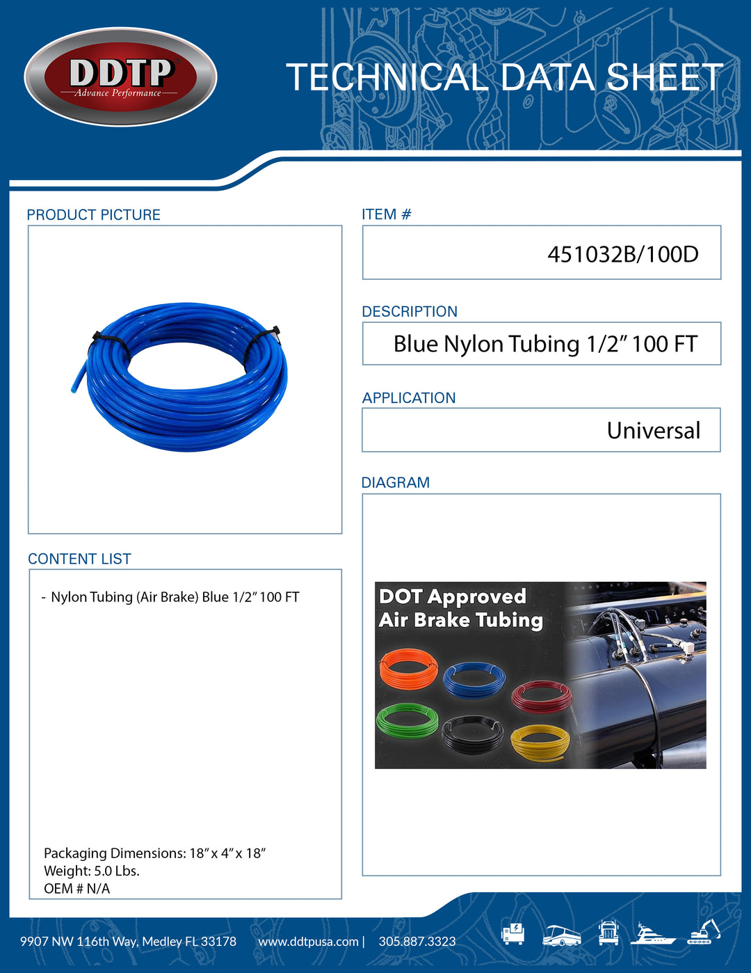 Blue Nylon Tubing (Air Brake) 1/2" 100 FT