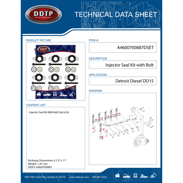 Set of 6 Injector Seal Kit with Bolt and Cup Sealing Ring Detroit Diesel DD15