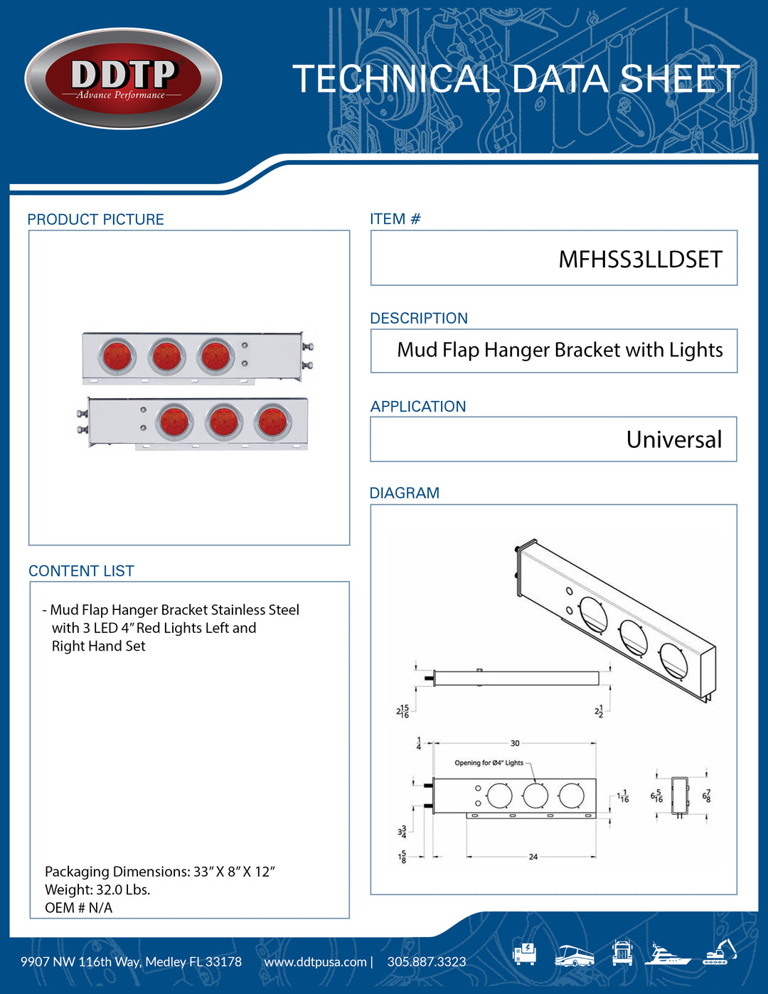 Stainless Steel Mud Flap Hanger Bracket with 3 LED 4" Red Lights Left and Right Hand Set