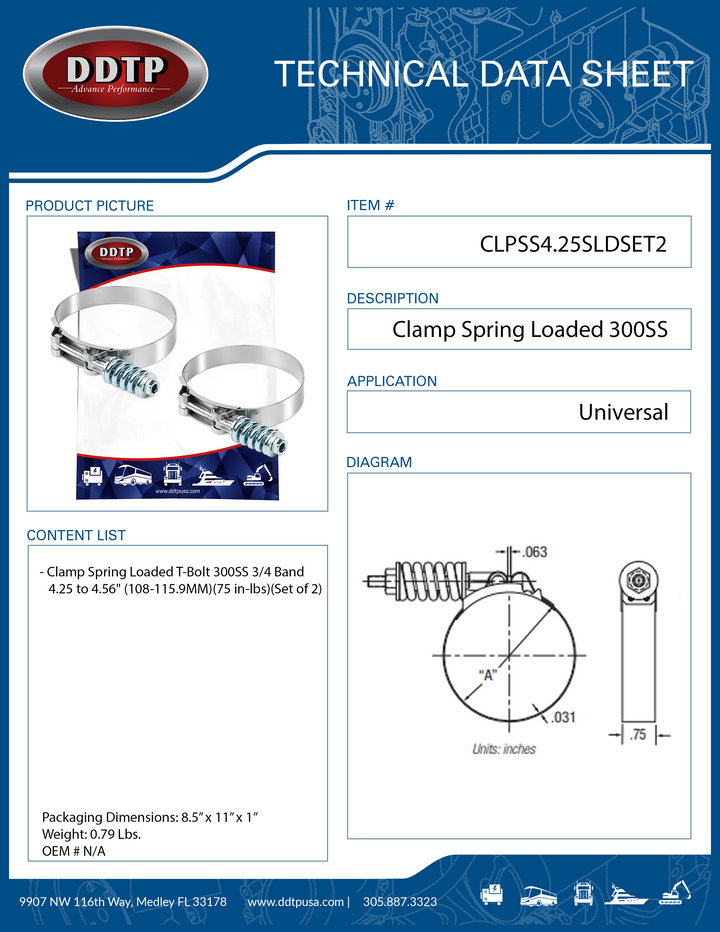 Clamp Spring Loaded T-Bolt 300SS 3/4 Band 4.25 to 4.56" (108-115.9MM)(75 in-lbs)(Set of 2)