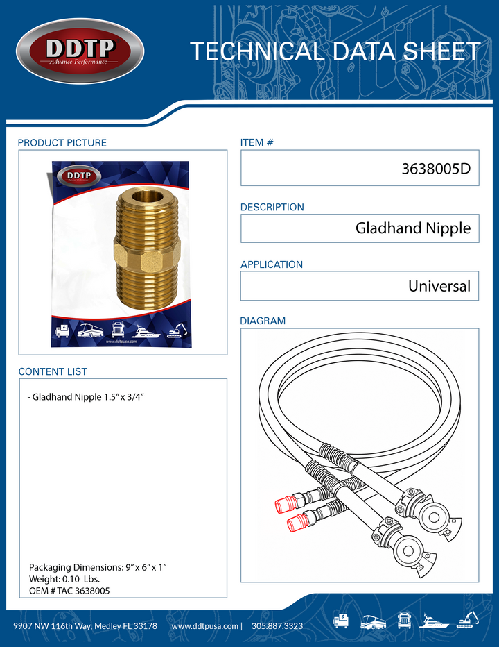 Nipple 1.5" x 3/4" Heavy Brass Gladhand
