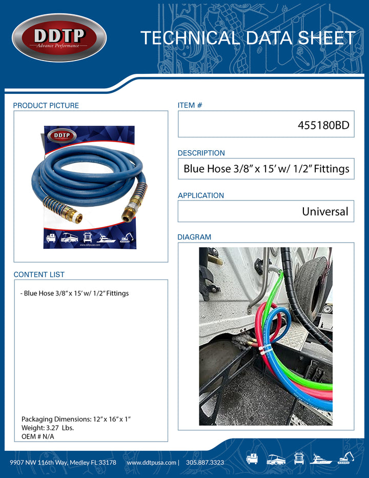 Blue Hose 3/8” x 15’ w/ 1/2” Fittings