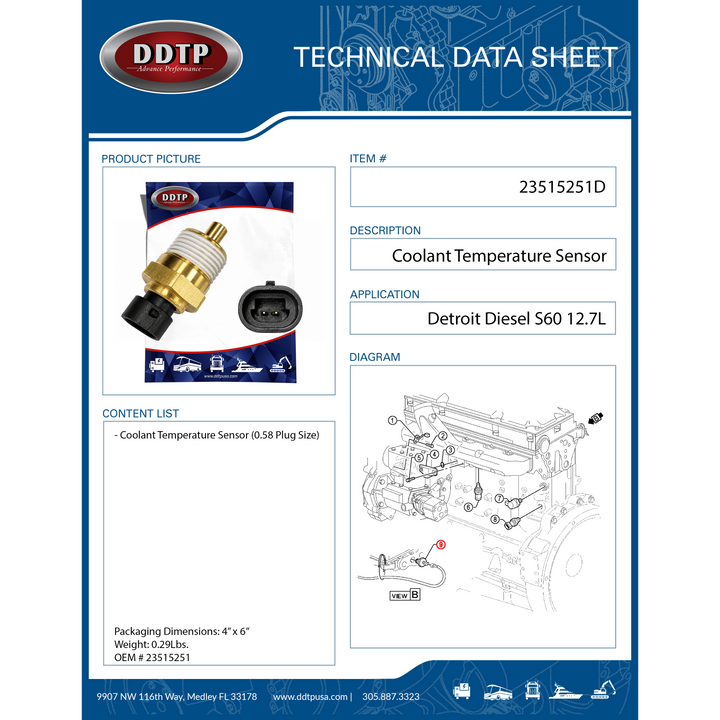 Engine Coolant Temperature Sensor Detroit Diesel S60 12.7L, Thread Size: 1"-14