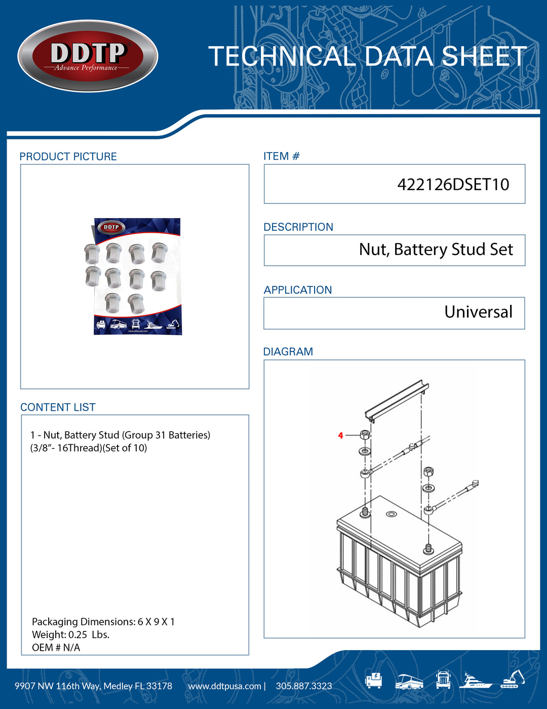 Nut, Battery Stud Group 31 Batteries 3/8" - 16 Thread Set of 10 ( 422126DSET10 )