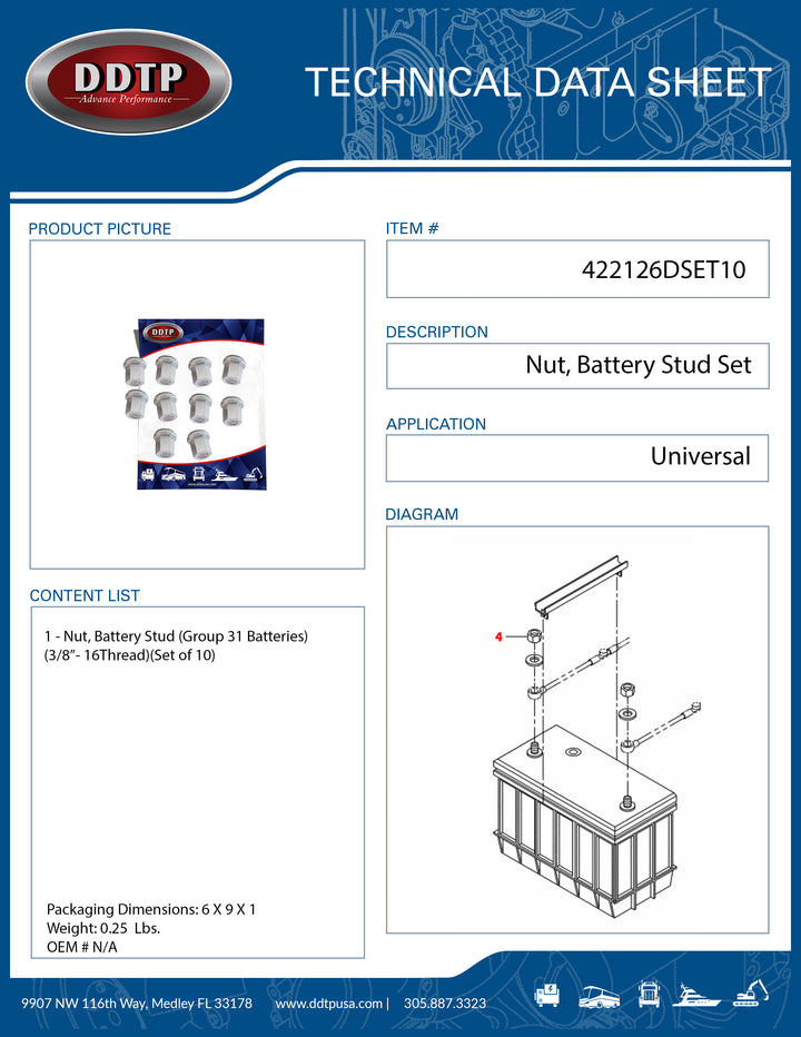 Nut, Battery Stud Group 31 Batteries 3/8" - 16 Thread Set of 10 ( 422126DSET10 )