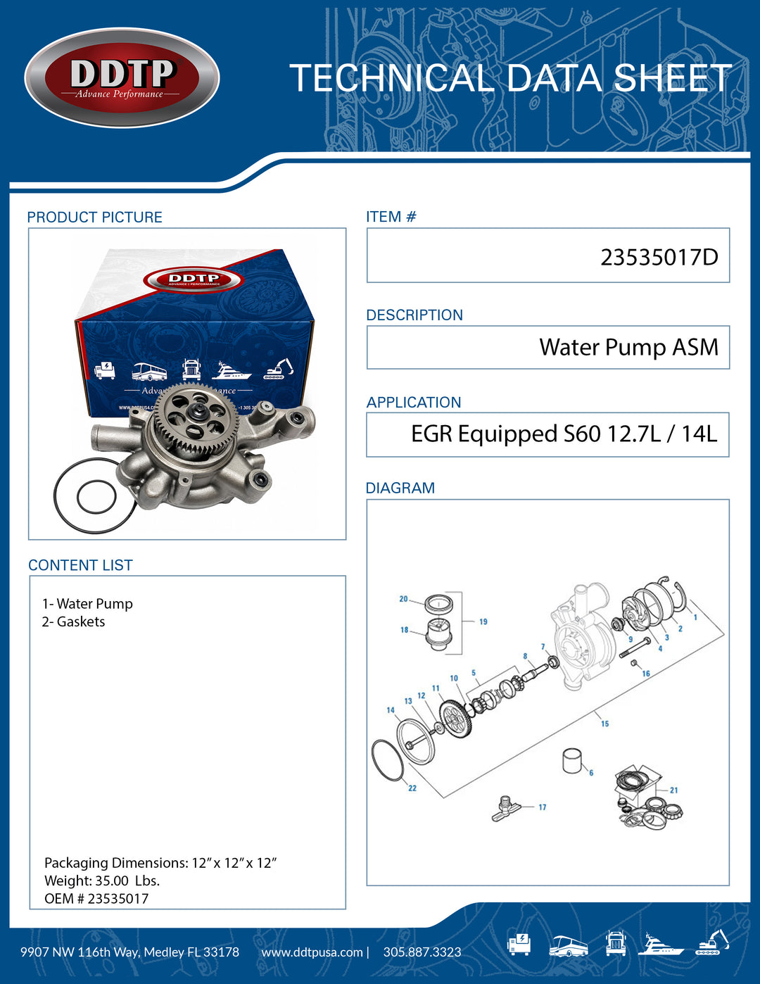 Water Pump Assembly for Detroit Diesel Series 60 12.7L & 14.0L EGR Engines (23535017)