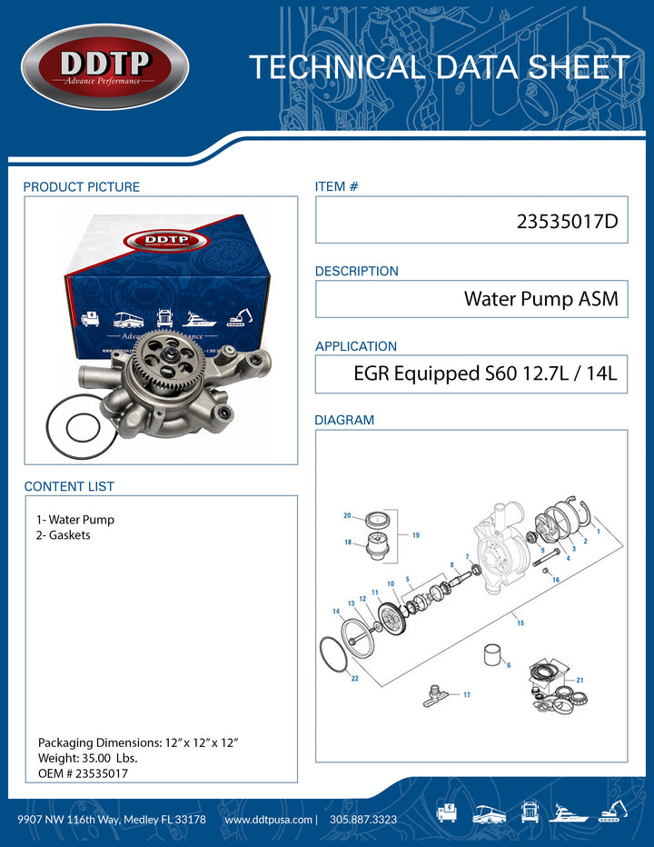 Water Pump Assembly for Detroit Diesel Series 60 12.7L & 14.0L EGR Engines (23535017)