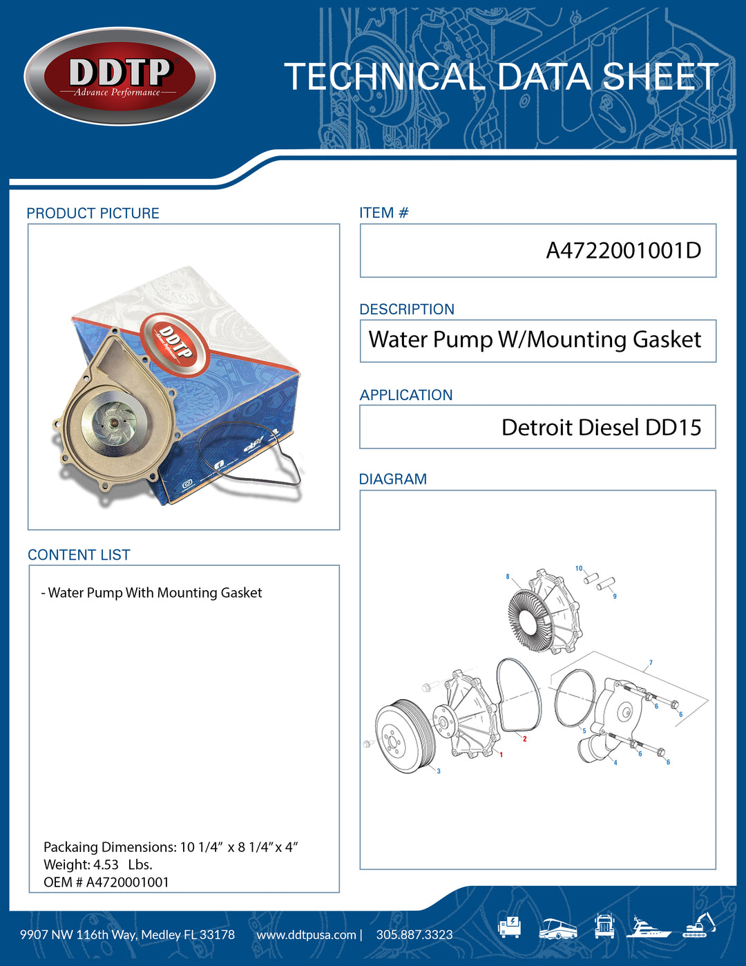 Water Pump With Mounting Gasket DD15 ( A4722001001 )