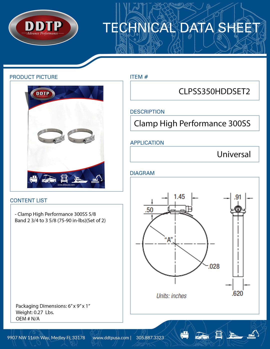 Clamp High Performance 300SS 5/8 Band 2 3/4 to 3 5/8 (75-90 in-lbs)(Set of 2)