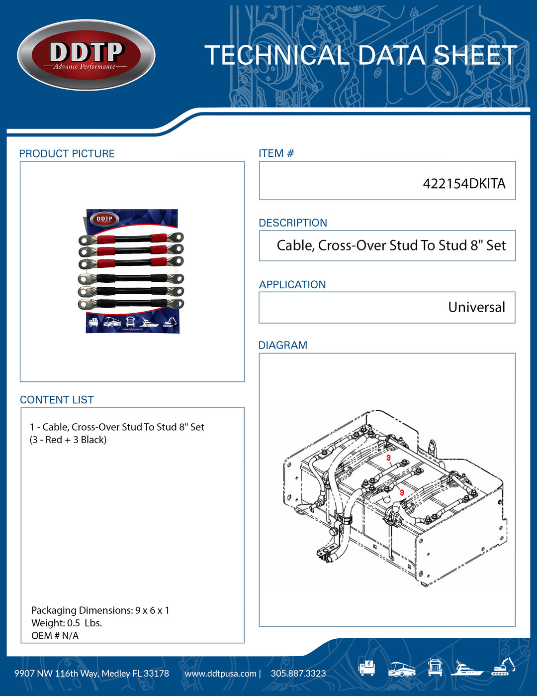 Cable, Cross-Over Stud To Stud 8" Set 3 - Red + 3 Black ( 422154DKITA )