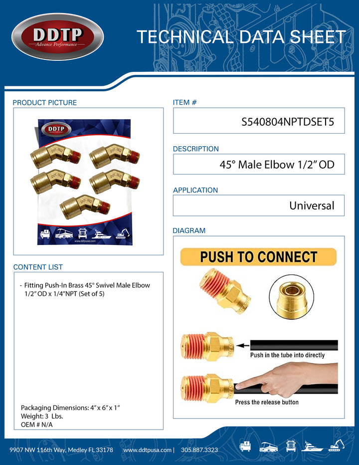 45° Male Elbow 1/2" OD x 1/4" NPT (Set of 5)