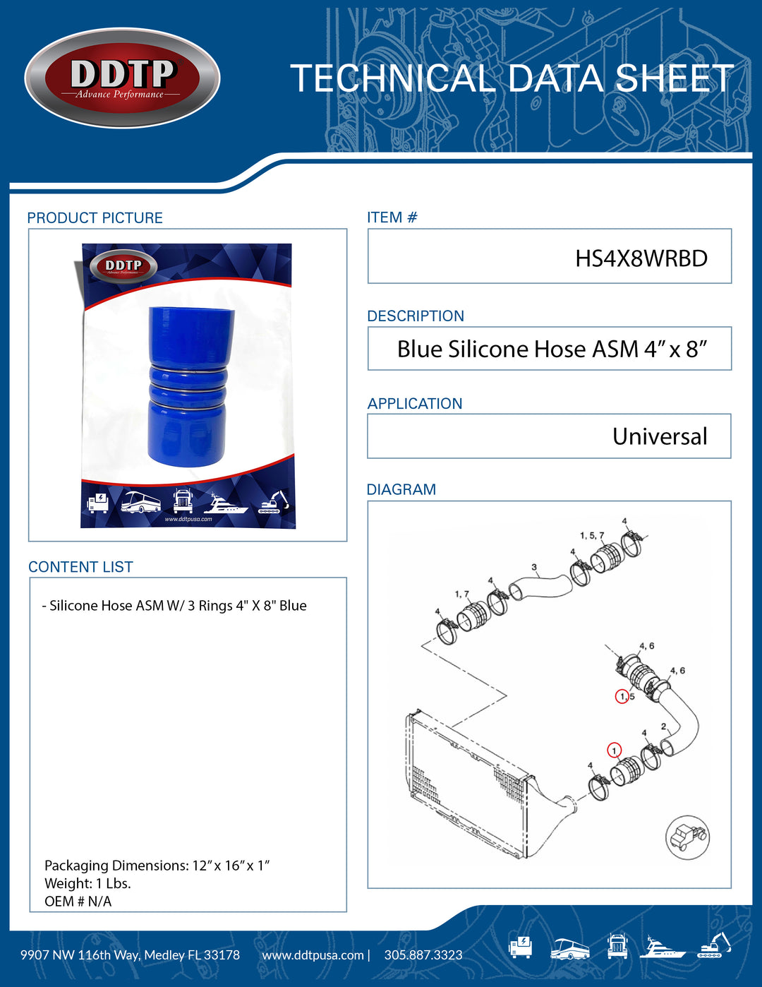 Manguera de silicona azul de 4" x 8" con 3 anillos