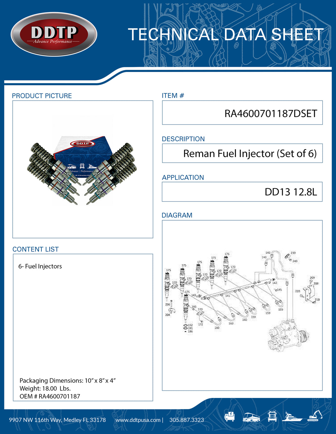 Set of 6 Fuel Injector for Detroit Diesel DD13 12.8L (2010-2015) (RA4600701187)