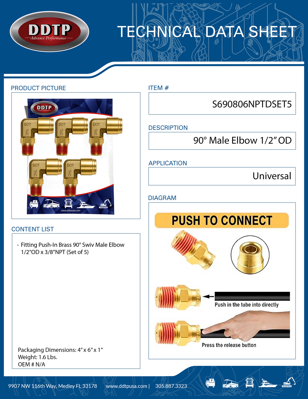 Codo macho de 90° de 1/2" de diámetro exterior x 3/8" NPT (juego de 5)