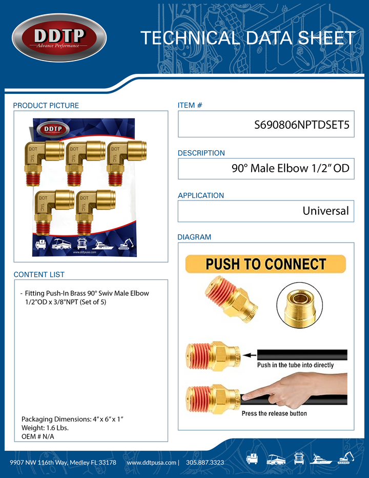 Codo macho de 90° de 1/2" de diámetro exterior x 3/8" NPT (juego de 5)