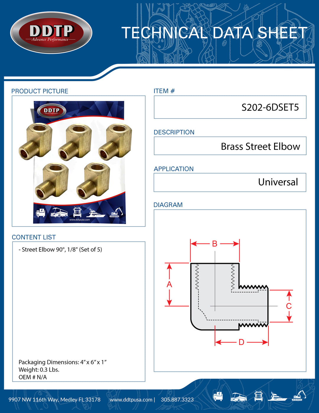 Brass Street Elbow 3/8” 90° (Set of 5)
