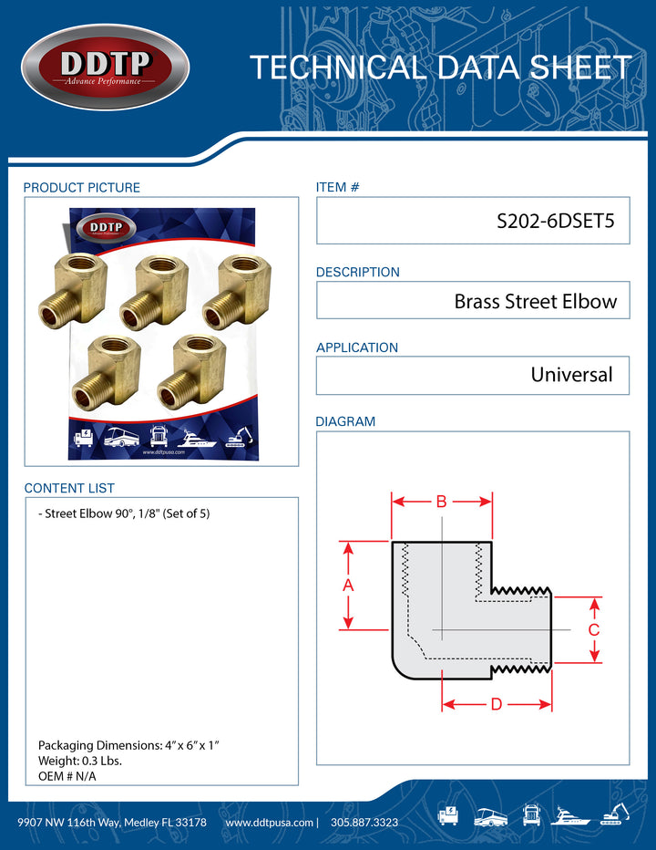 Brass Street Elbow 3/8” 90° (Set of 5)