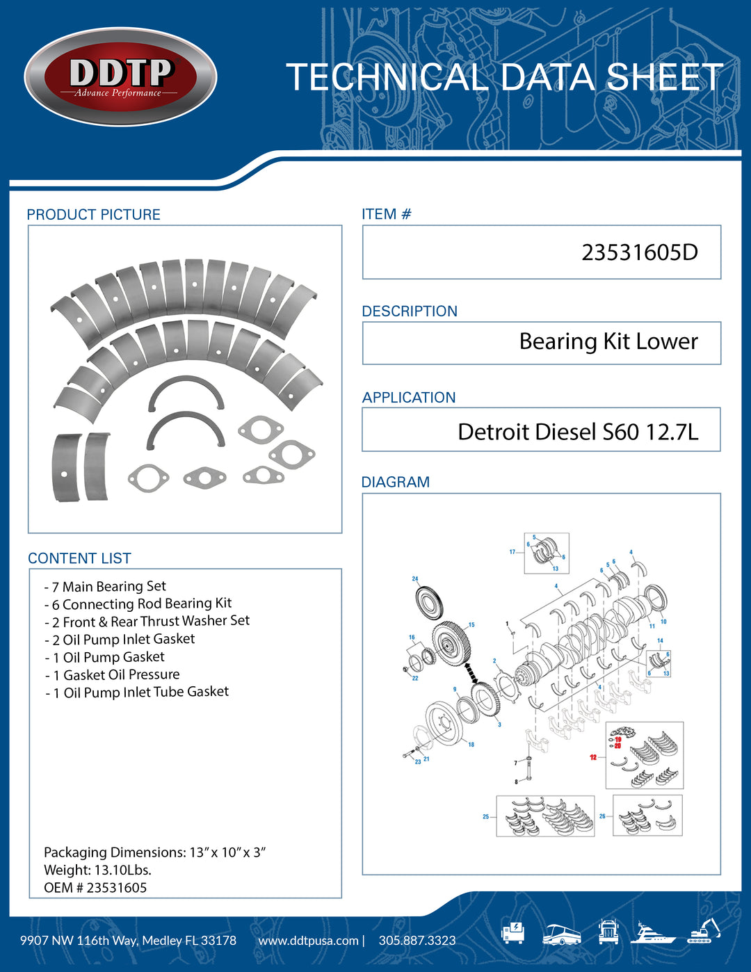 Detroit Diesel S60 12.7L Lower End Engine Connecting Rod Bearing, Wide