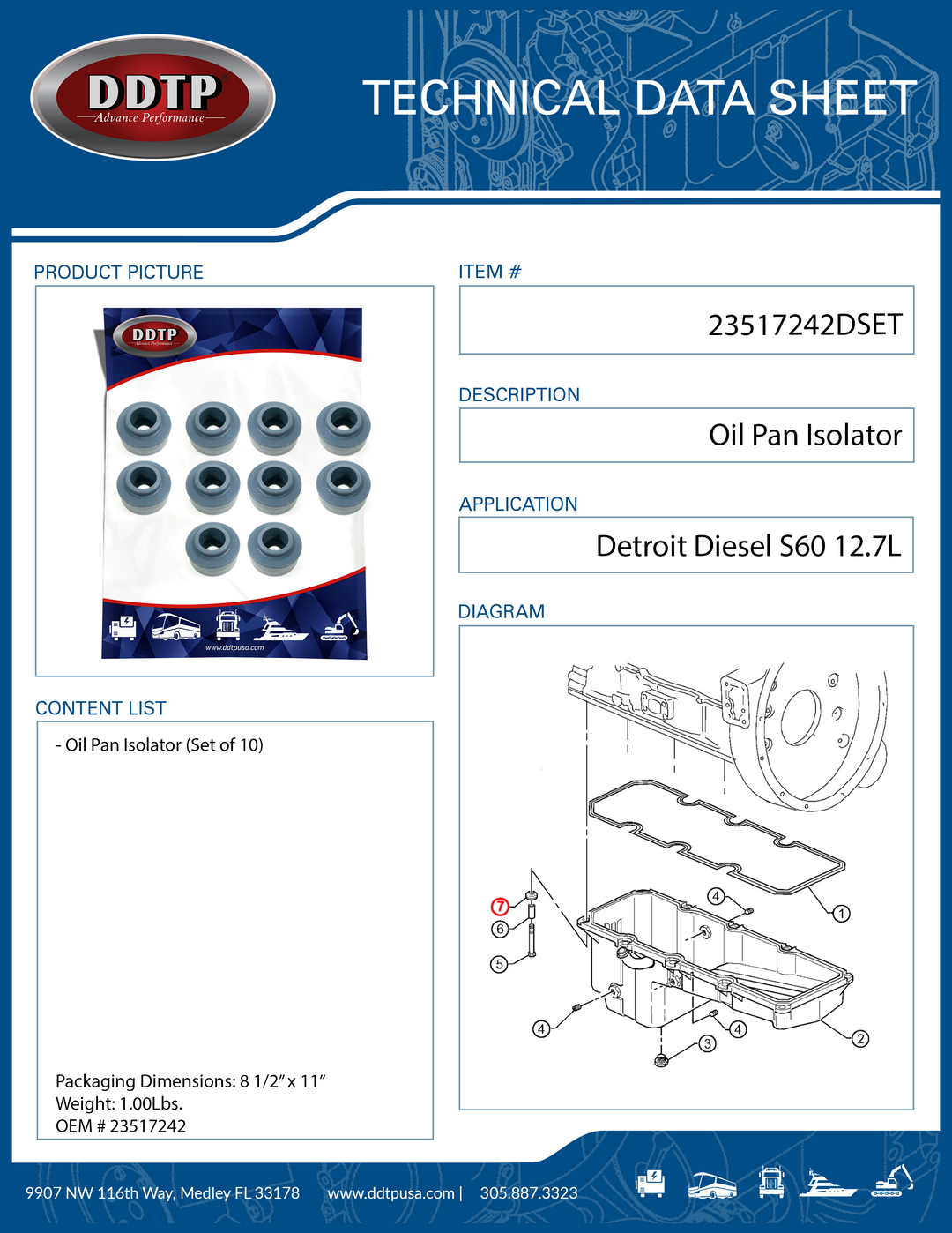 Oil Pan Isolator for S60 Detroit Diesel S60 12.7L Set of 10 (23517242)