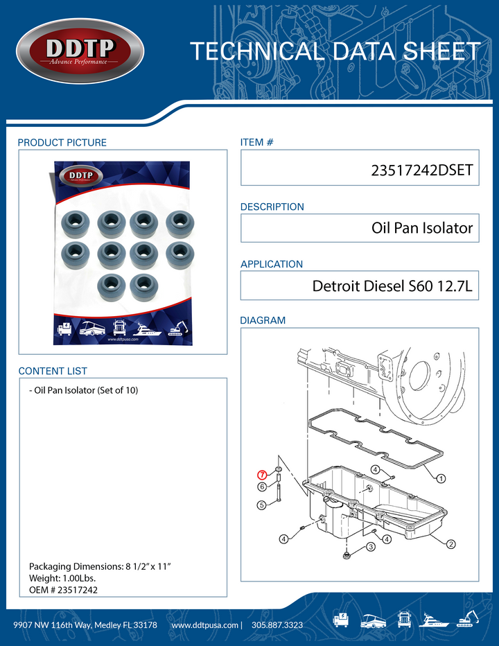 Oil Pan Isolator for S60 Detroit Diesel S60 12.7L Set of 10 (23517242)