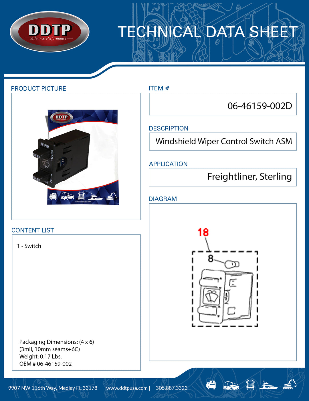 Windshield Wiper Control Switch Freightliner 06-46159-001 ( 06-46159-002 )
