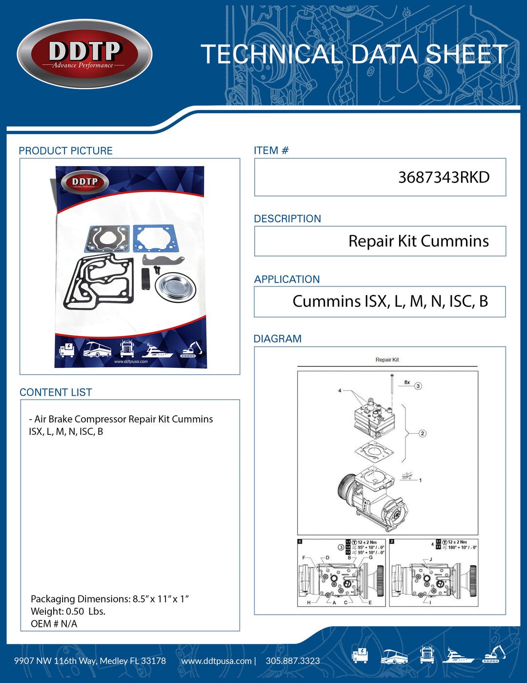 Air Brake Compressor Repair Kit (Cummins ISX, L, M, N, ISC, B)(Mack 303GB5129M)