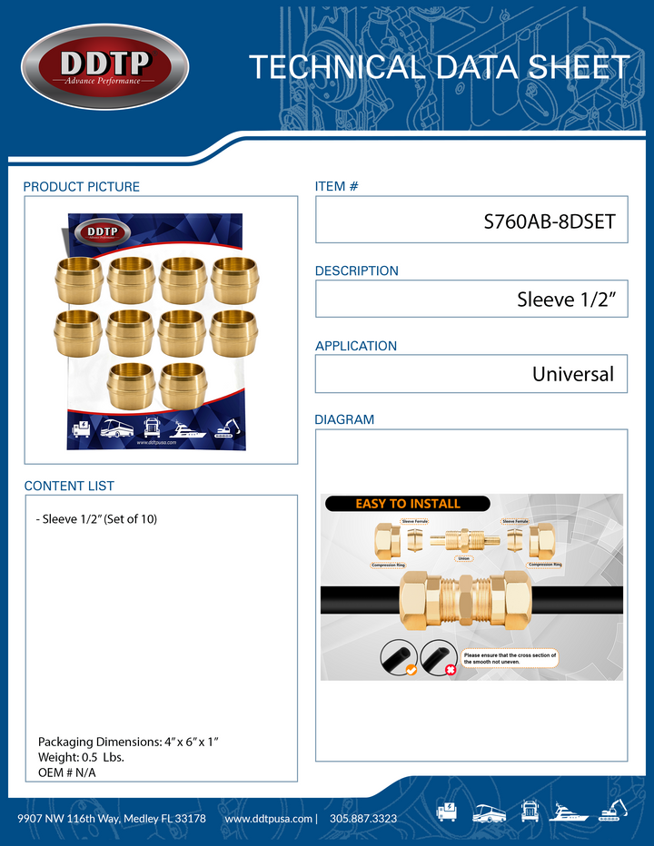 Brass Nylon Tube Sleeve 1/2" (Set of 10)