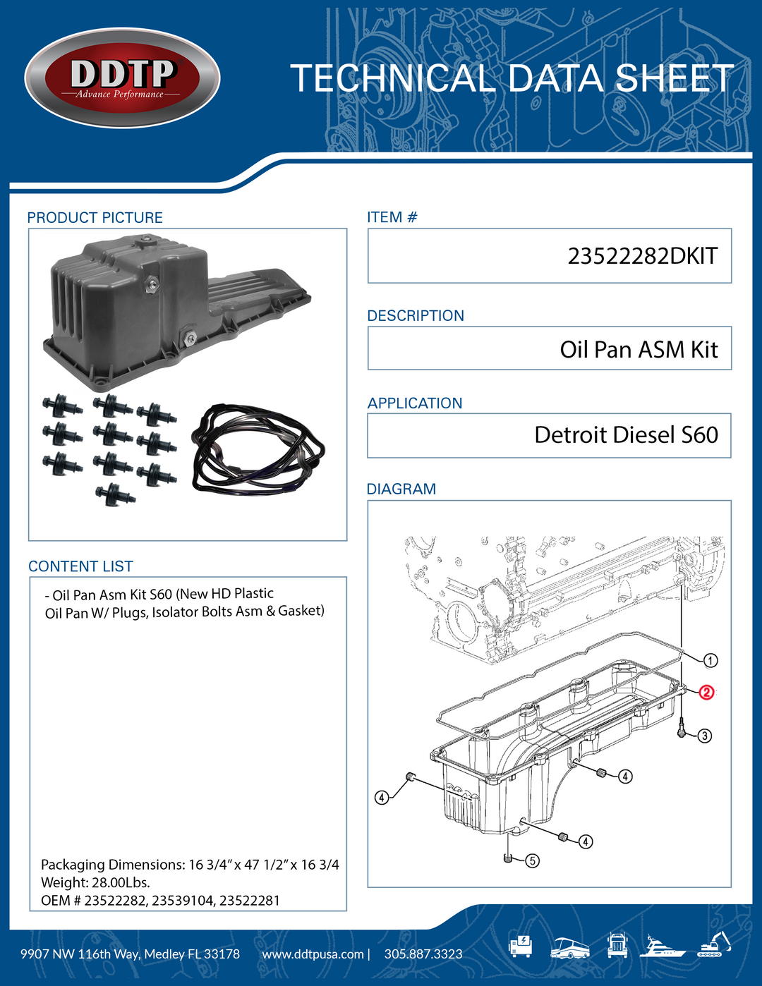 Oil Pan Assembly Kit S60 (New HD Plastic Oil Pan W/ Plugs, Isolator Bolts Asm & Gasket)
