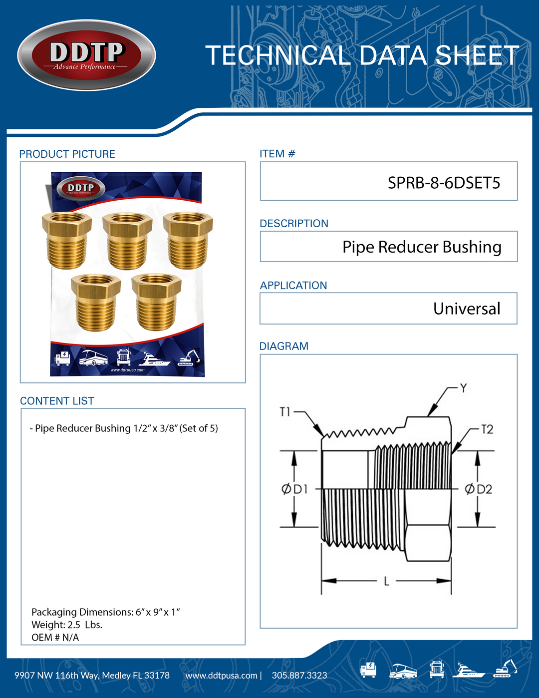 Brass Pipe Reducer Bushing 1/2" x 3/8" (Set of 5)