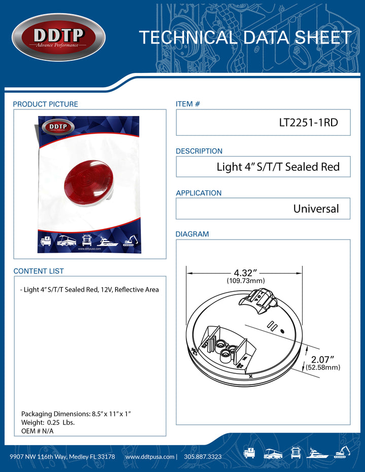 Luz roja de 4" S/T/T (sellada, 12 V, área reflectante)