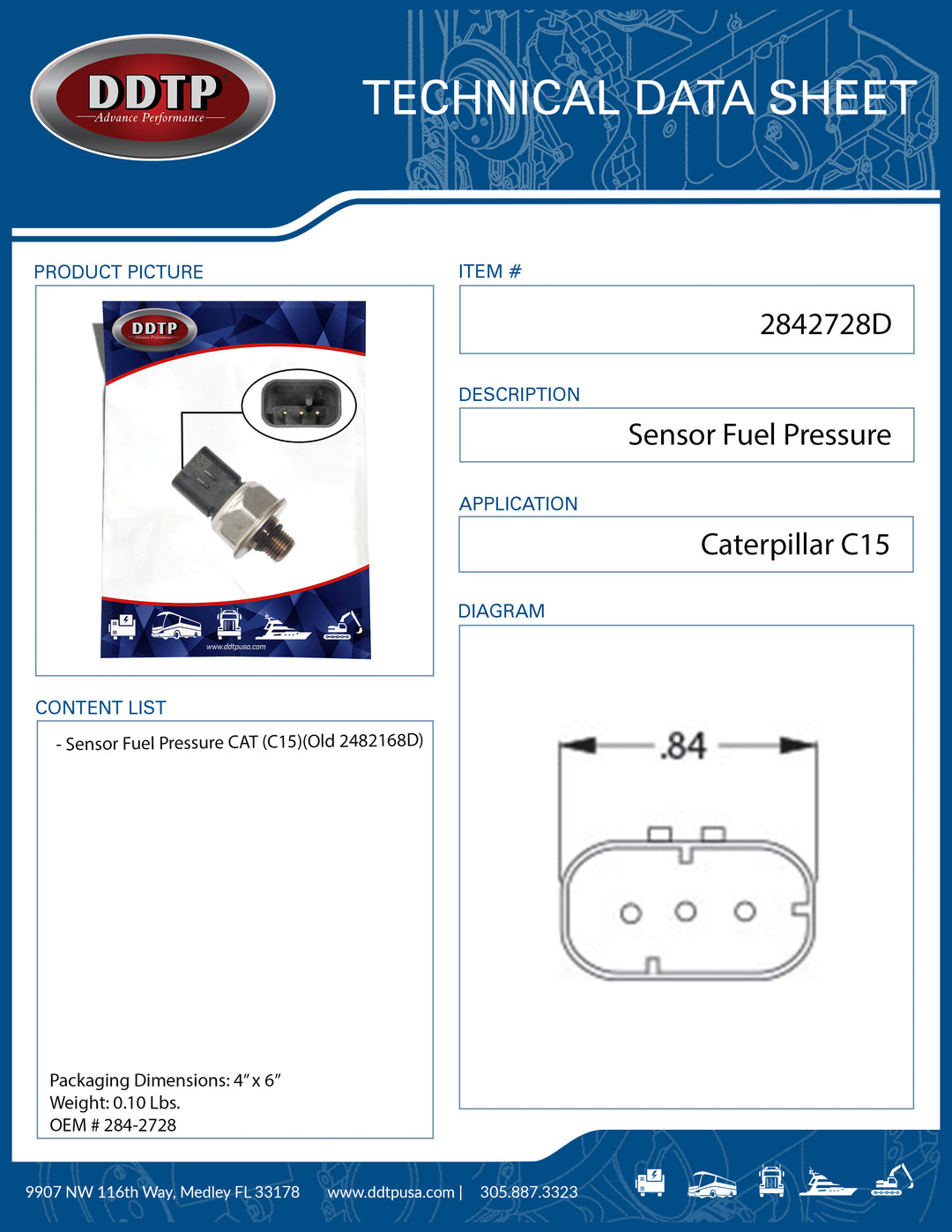 Sensor de presión de combustible (Caterpillar C15) (2482168)