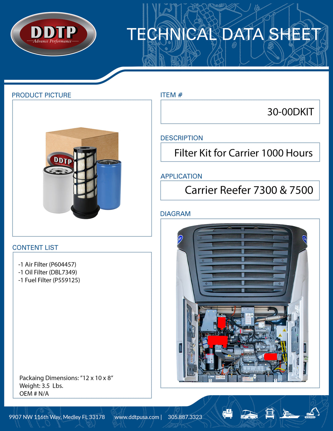 Filter Kit for Carrier 1000 Hours PM Service Interval ( P604457, DBL7349,  P559125 )