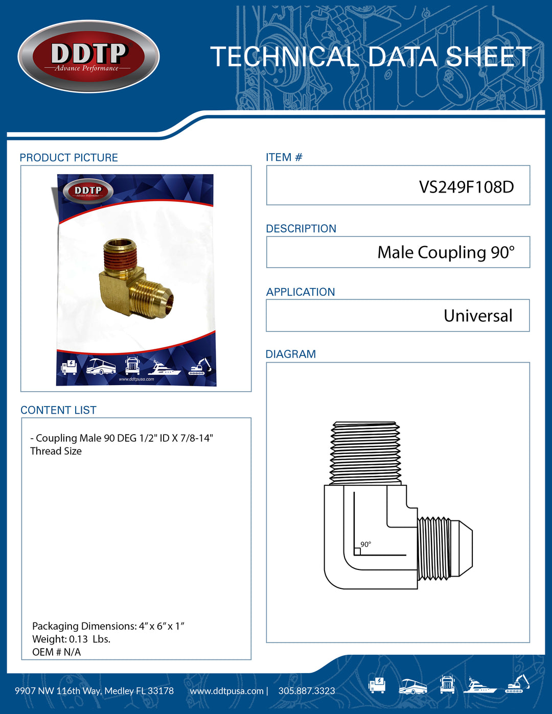 Acoplamiento macho de 90°, 1/2" de diámetro interior x 7/8-14" (tamaño de rosca)
