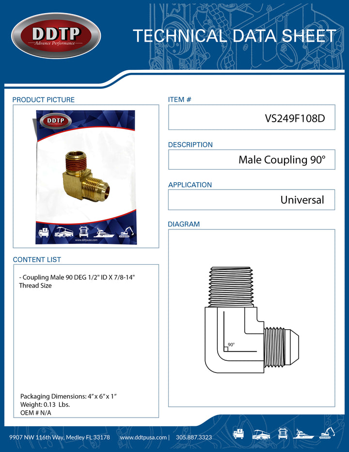 Acoplamiento macho de 90°, 1/2" de diámetro interior x 7/8-14" (tamaño de rosca)