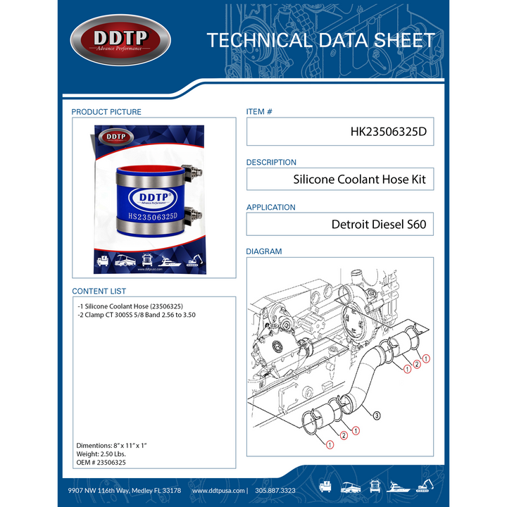Manguera de refrigerante de silicona de 2,75" x 3" con abrazaderas de par constante para bomba de agua a enfriador de aceite de Detroit Diesel Serie 60