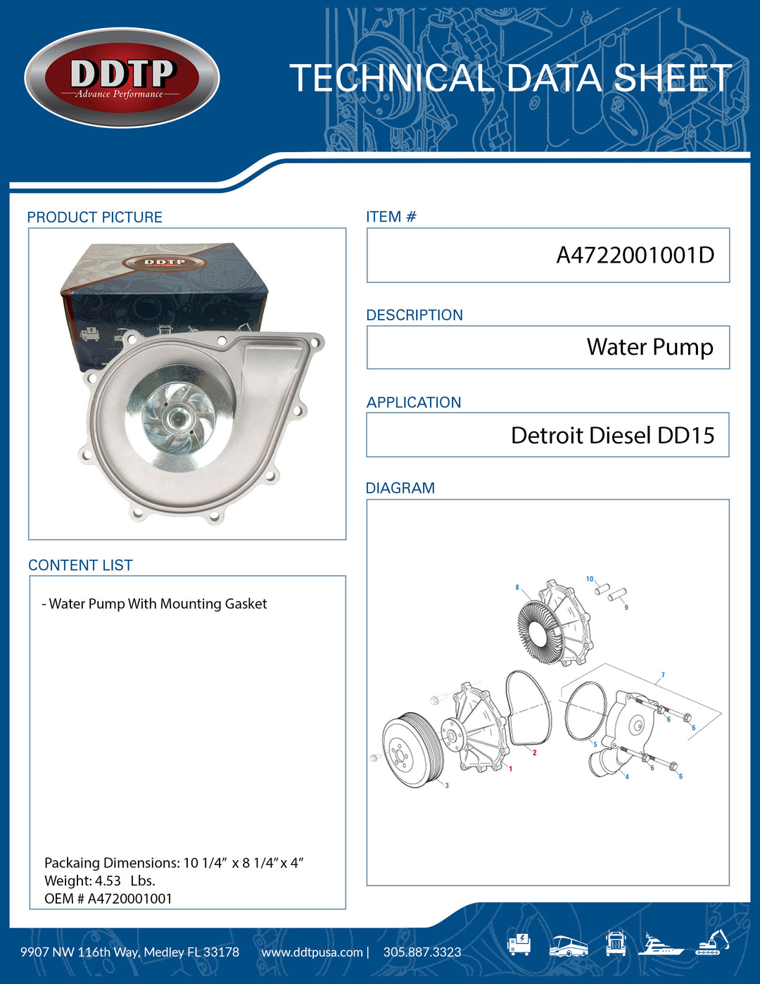 Water Pump With Mounting Gasket DD15 (A4722001001)