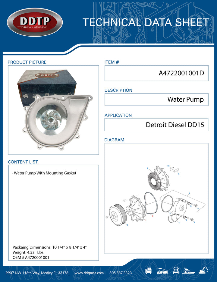 Water Pump With Mounting Gasket DD15 (A4722001001)