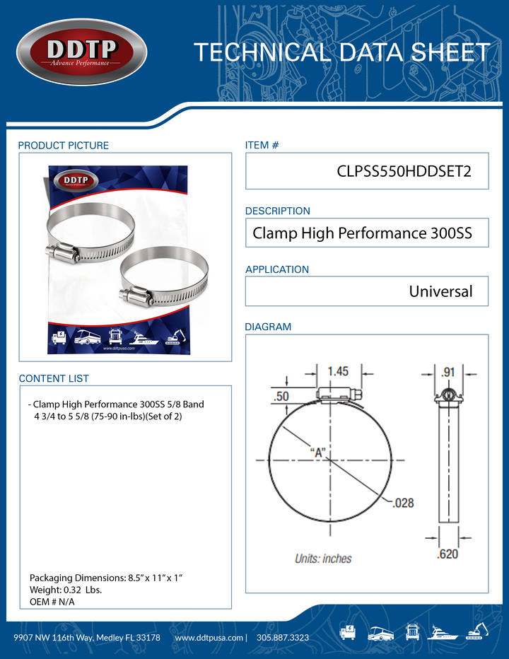Clamp High Performance 300SS 5/8 Band 4 3/4 to 5 5/8 (75-90 in-lbs)(Set of 2)